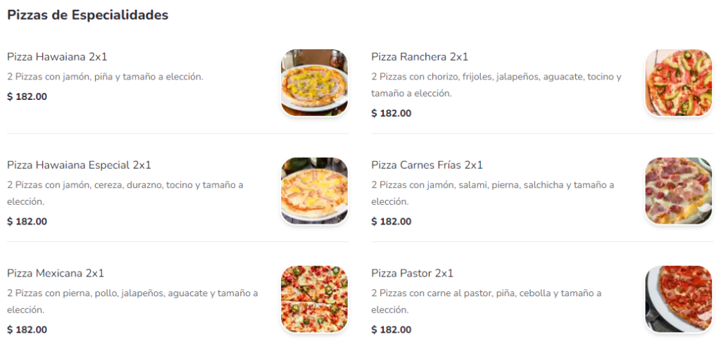 Menú Charly Pizza Pizzas de Especialidades