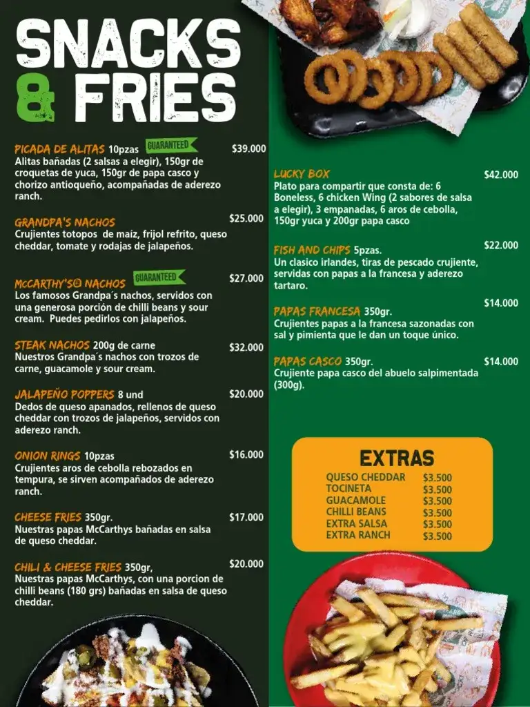 McCarthy´s Snacks & Fries Menú