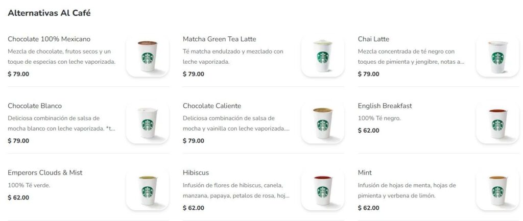 Starbucks Alternativas Al Café Menú Precio