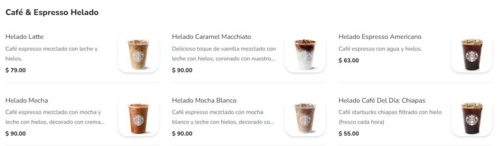 Starbucks Café & Espresso Helado Menú Con Precio