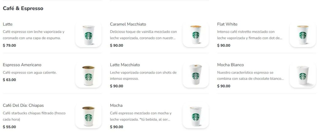 Starbucks Café & Espresso Menú Precio