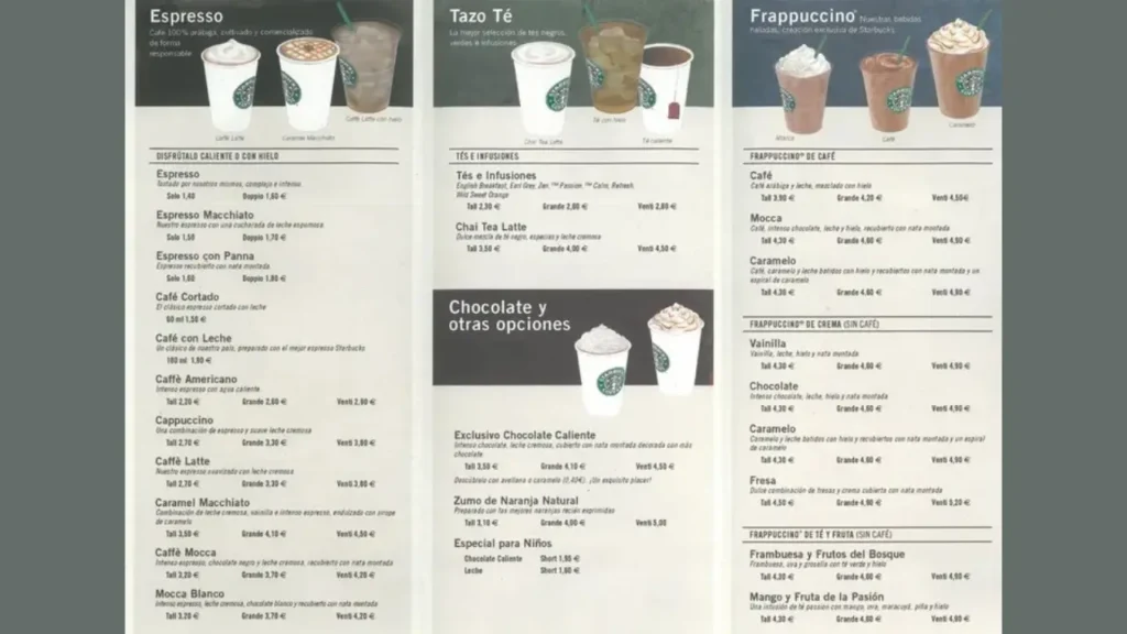 Bebidas Starbucks Menu Prices