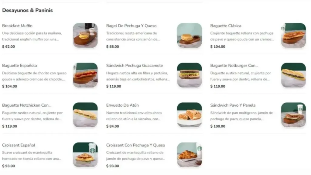 Desayuno Starbucks Food Menu
