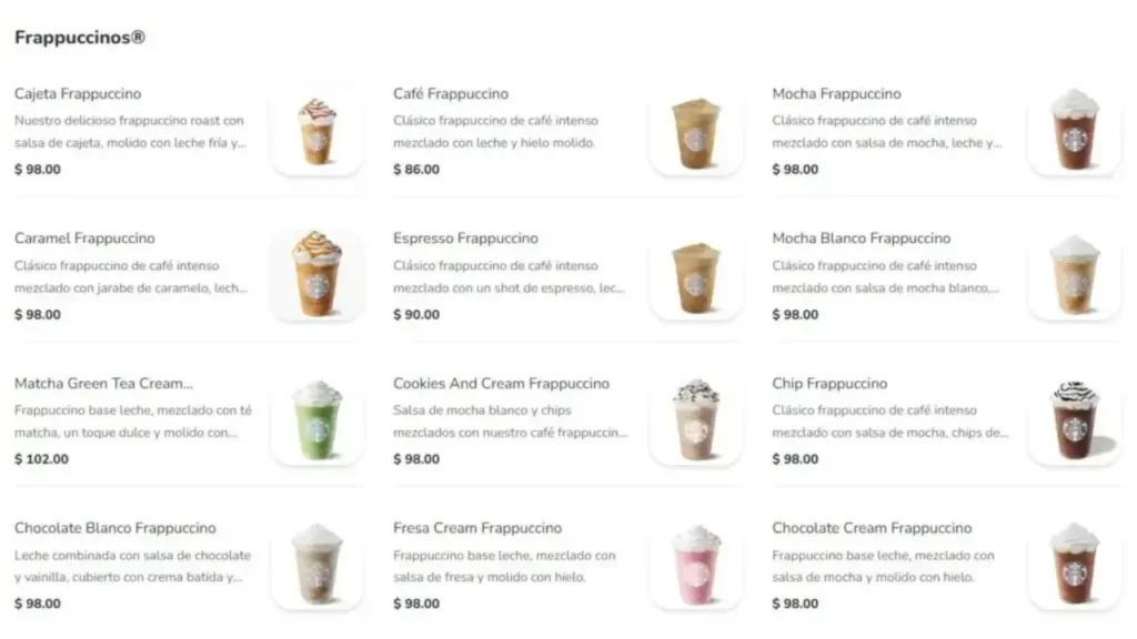 Frappuccinos Starbucks Menu Prices