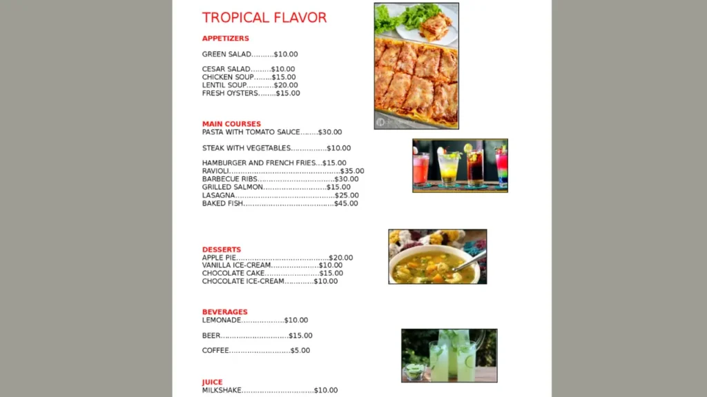 Secciones Comunes Menu en Ingles