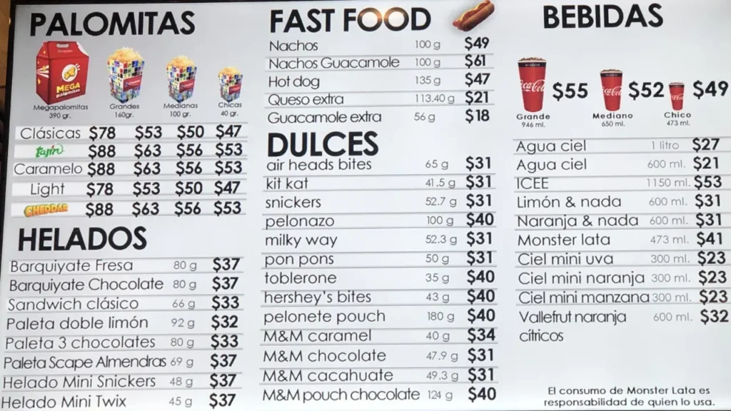 Precios Menu Cinemex
