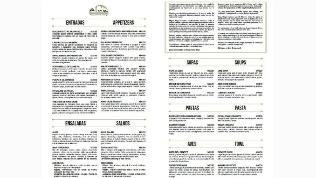 Entradas Alux Restaurant Menu