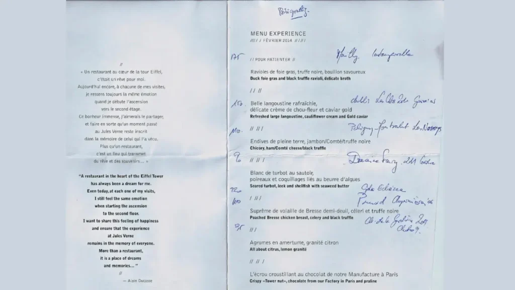 Selección de Vinos y Bebidas Le Jules Verne restaurant menu price