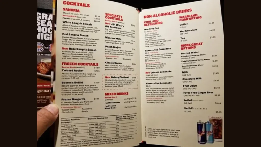 Bebidas y Combinaciones Boston's Menu