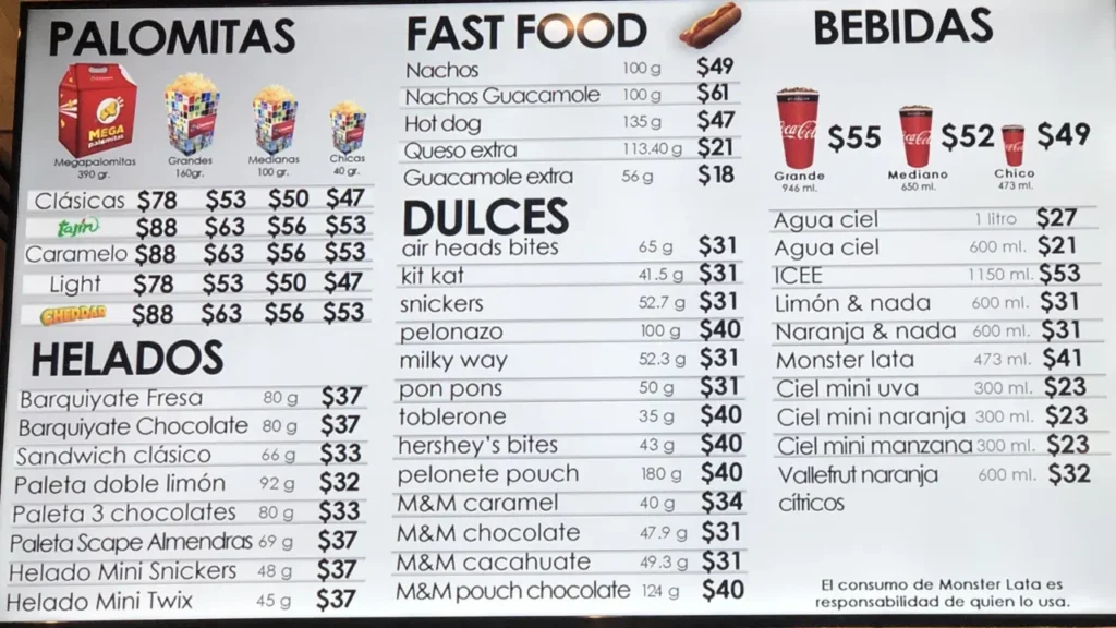 Snacks y Clásicos Menu Cinemex Platino